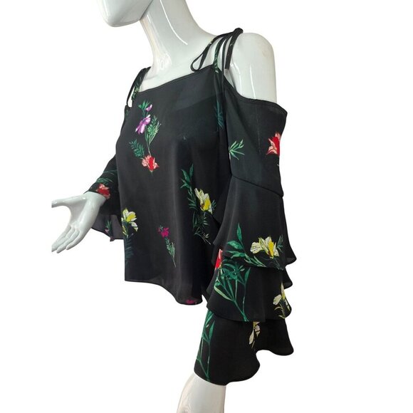 Vince Camuto Black Floral Off-Shoulder Blouse Size M Crop Ruffle Bell Sleeve - Picture 6 of 8